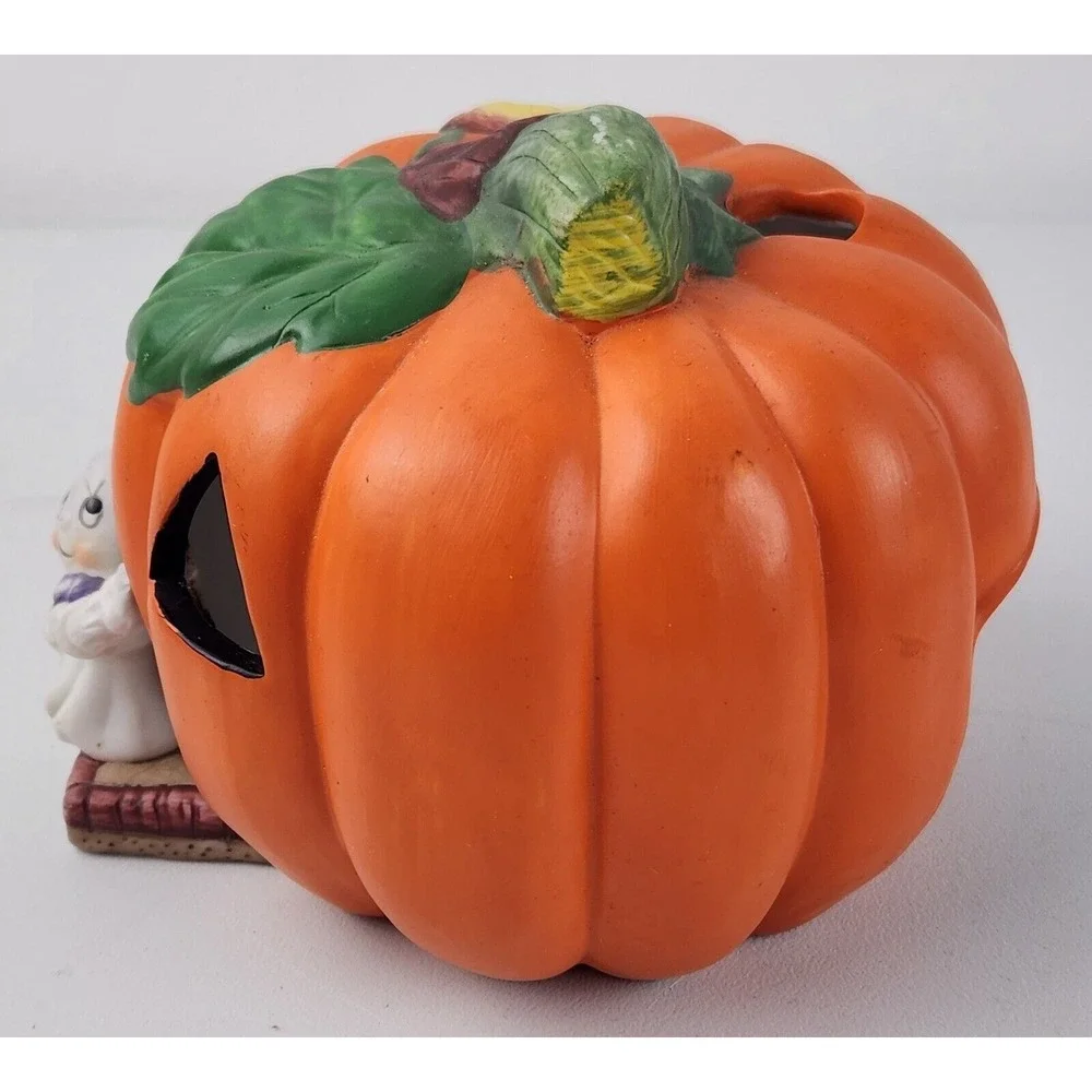Vintage Halloween Ceramic Pumpkin and Ghost Tea Light Votive‎ Candle Holder